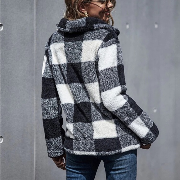 Gingham buffalo plaid zip up teddy jacket black - Picture 4 of 4